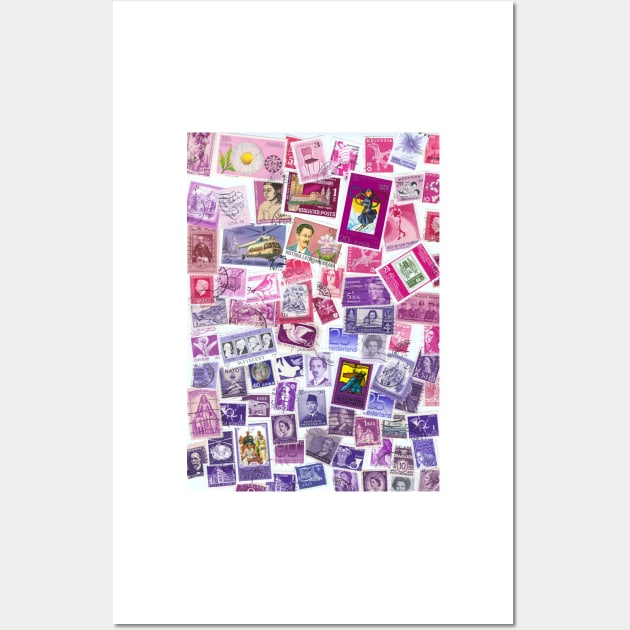 Pink purple postage stamps from all over the world Wall Art by kittyvdheuvel